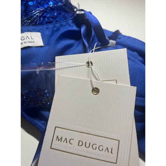 Mac Duggal Sequined Mini Dress NEW Cobalt Blue One Shoulder Fringe Hem Size 6 - Picture 9 of 13